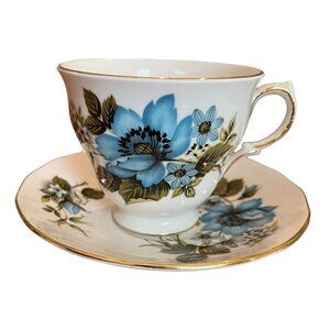 Vintage Queen Anne Bone China Cup Saucer #8522 Blue Floral England